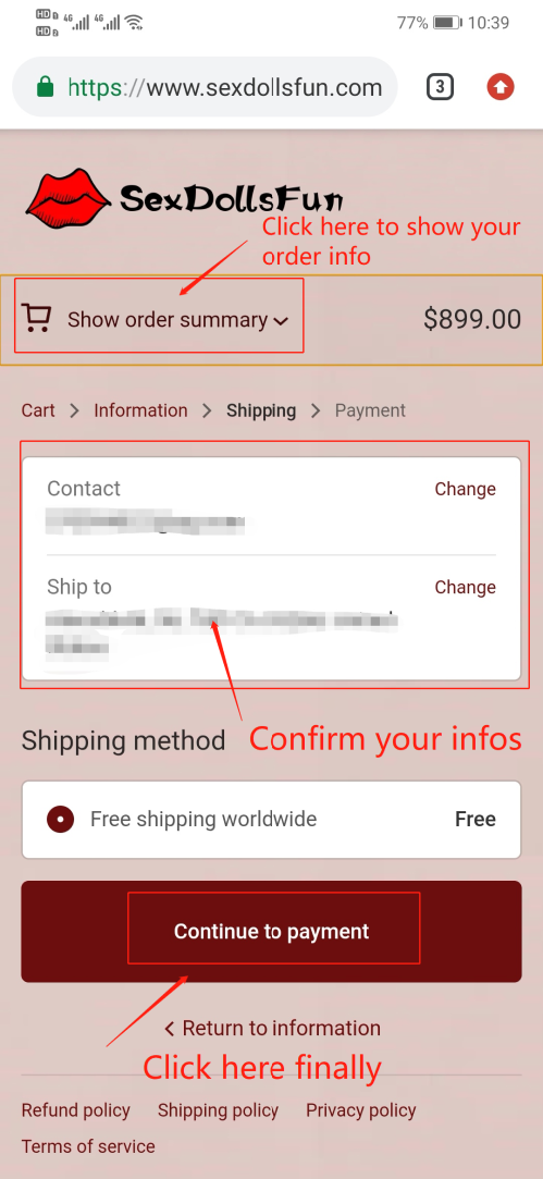 Review your order information and continue paying